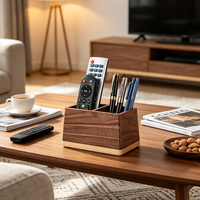 Organisateur de bureau en bois à double compartiment, en noyer et hêtre, poli à la main, pour stylos, télécommandes et rangement de bureau