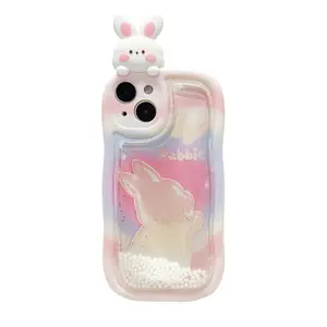 IPhone用ウサギ付きリキッドサンド携帯電話ケース15 14 13 12 11ソフトデザインの梨レディース女性女の子