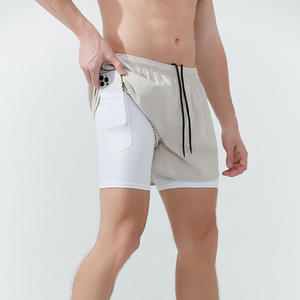 Pantalones cortos informales 2 en 1 de compresión para gimnasio para hombre, pantalones cortos de entrenamiento de pista CrossFit medio, bolsillo interior para teléfono, cierre de cordón, patrón caliente - Product Image 2