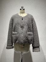 Manteau Teddy en fausse fourrure grise pour femme, col rond, manches retroussables, veste courte en peluche, vêtement d'extérieur chaud et décontracté en polaire pour l'hiver