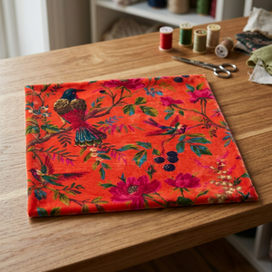 Tela de Terciopelo de Algodón Estampada a Mano: Estampado de Aves de Color Coral, Tela de Terciopelo de Algodón Estampada a Mano para Tapicería y Decoración - Product Image 2