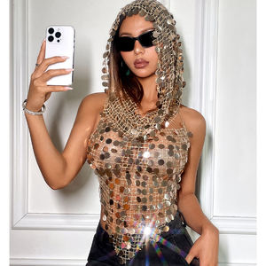 Haut de plage sexy pour femme, ajouré, en maille ouverte, orné de sequins dorés, avec capuche - Product Image 5