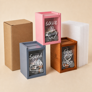 Caja de Ahorros de Madera de Paulownia Sólida de Estilo Nórdico de Lujo, con Impresión UV y Grabado, con Ventana Transparente para la Educación Infantil, Shandong - Product Image 5