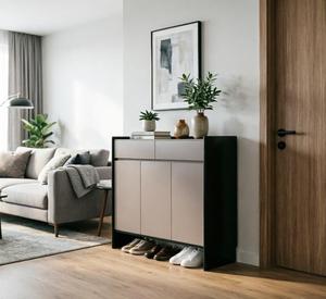 Meuble à chaussures moderne et mince, écologique et durable, avec rangement inférieur ouvert, organisateur <span class=keywords><strong>d</strong></span>'entrée à 3 portes, finition beige et noir, gain de place, pour salle de sport - Product Image 3