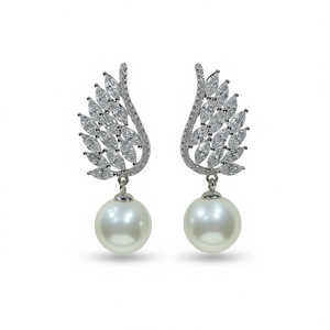 Boucles d'oreilles pendantes E2533 en argent 925 plaqué rhodium avec perles Akoya cultivées de qualité AAA, perles blanches rondes, classiques pour femmes, pour mariage - Product Image 1