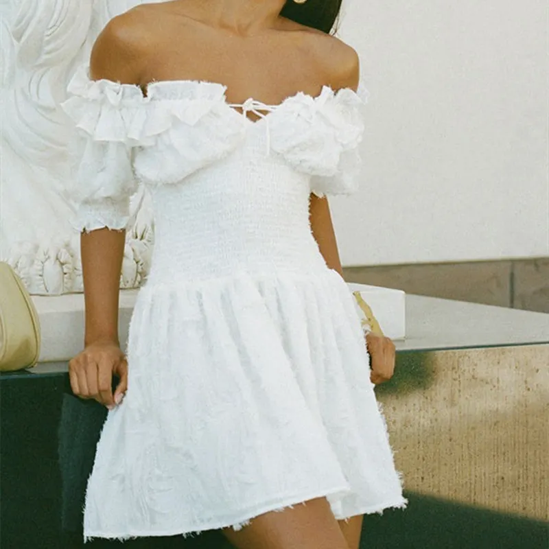 Vestido corto de algodón con manga corta para verano, minivestido informal Vintage para mujer, cuello redondo, color blanco, 2022