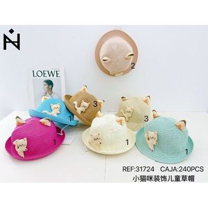 Cappello di paglia per bambini a tema gattino con orecchie da gatto e ricami per l'abbigliamento estivo dei bambini - Product Image 1