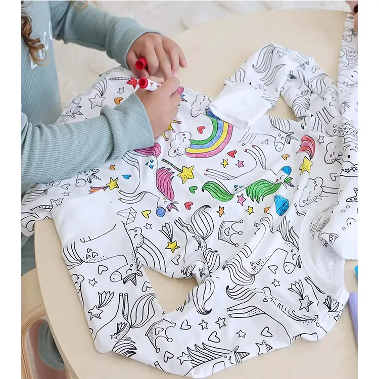 Pijama de algodão para crianças de manga longa, pijama de desenho animado DIY para colorir, atacado ODM