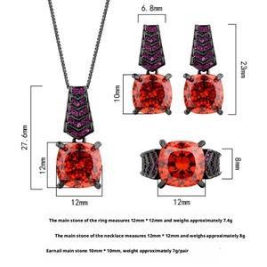 Wholesale Eco-friendly Copper Black Gold Plated 14-12MM Orange Red Zircon Pendant Earrings <b>Ring</b> Set Ladies Fashion Jewelry Set - Product Image 2