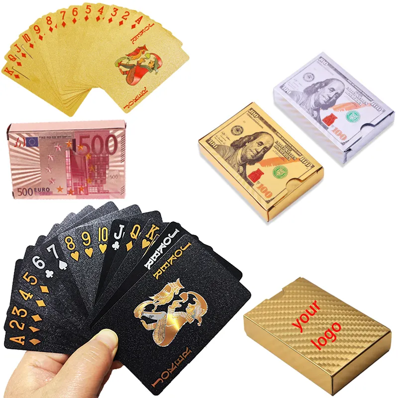 100 x barajas de cartas impresas personalizadas Oro Negro oro rosa color rojo azul amarillo verde colorido baraja de póquer cartas EE. UU. euro 52PC