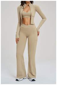 ชุดโยคะ 3 ชิ้นสำหรับผู้หญิง กางเกงเลกกิ้งเอวสูงทรงบาน เสื้อชั้นในกีฬา เสื้อแจ็คเก็ตมีซิป ชุดออกกำลังกาย ชุดฟิตเนส ชุดกีฬา - Product Image 3