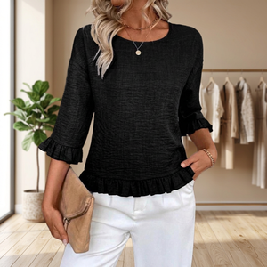 Women's Black Knitted Ruffle Sleeve Blouse O-Neck Loose Fit Casual <b>Top</b> Three Quarter Sleeves Solid Color All Seasons Wear - Product Image 3