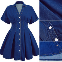 Robes en jean décontractées personnalisées Y218976 pour femmes, à col en V, manches courtes, coupe ajustée, pour le bureau