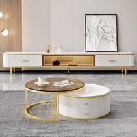 Ensemble Meuble TV et Table Basse Moderne de Luxe en Bois et Marbre, Extensible, avec Tiroirs Carrés Flottants Blancs, Grand Meuble de Salon
