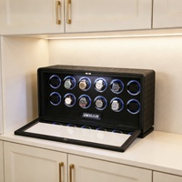 Caja de seguridad para reloj de terciopelo de microfibra de cuero vegano negro de lujo enrollador de reloj de luz LED RGB integrado para 12 relojes automáticos para hombres