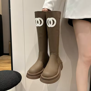 Zapatos de lujo para mujer, de cuero, estilo casual, color sólido, botas largas para mujer, tacón grueso, cremallera trasera, botas de moda hasta la rodilla para mujer - Product Image 3