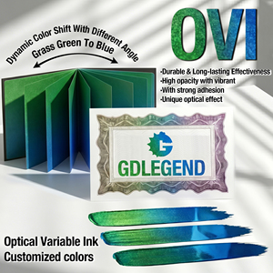 Tinta variable óptica de serigrafía directa de fábrica GDLEGEND <span class=keywords><strong>para</strong></span> documento antifalso F14 verde hierba a azul OVIInk con muestra - Product Image 2