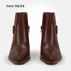 Botines de Mujer Coco SILIYA con Punta Puntiaguda, Tacón Grueso, Hebilla, Forro de Cuero Genuino, Aumento de Altura, Color Sólido - Product Image 2