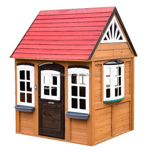 Casa de Juegos de Madera para Niños con Techo Rojo, Jardineras, Puerta Marrón Oscura y Ventana de Dos Hojas - Cabaña de Juegos para Exteriores Resistente a la Intemperie - Product Image 1
