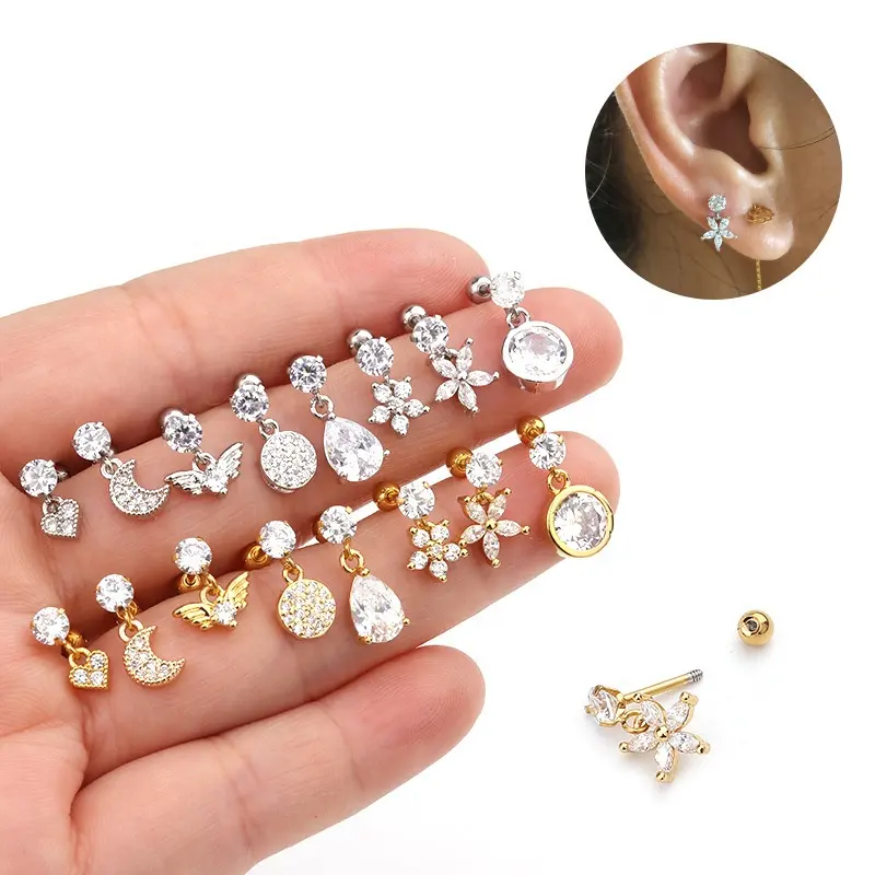 Popolare Moon Flower Angel Wing Ear Bone Nails CZ Cubic zircone orecchini da donna Piercing gioielli orecchini con retro a vite