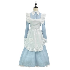 Maid Dress Blue A-Line Turn-Down Collar With Pocket Vintage Style Polyester Fabric - Product Image 5