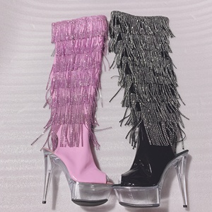 Bottes d'été pour femmes à talon aiguille de 15 cm, au-dessus du genou, à pampilles, semelle transparente en PVC, franges en strass, fermeture éclair, rehaussantes - Product Image 1