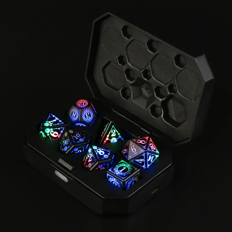Custom 7 piece Polyhedral Dice Set OEM USB Rechargeable Electric Dice with Charging Box,Light Up DND Dice for Table Games