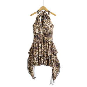 Robe mini imprimé léopard à col en V et dos nu, taille empire, coupe ajustée, silhouette crayon, sans manches, style bouffant, décontractée, respirante, pour l'été - Product Image 6