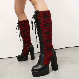 Botas Rojas de Plataforma a Media Pantorrilla con Tacón Grueso, Punta Redonda, Cordones, Estampado, Parte Superior Sintética, Estilo para Todas las Estaciones, Envío Directo - Product Image 5