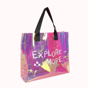 Tas pantai kustom 2023 grosir Pvc tas belanja mewah tahan air holografik jelas tas Tote dengan Logo tas tangan kosmetik wanita