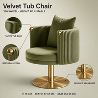 Chaise de salle à manger en velours pivotante à 360°, réglable en hauteur, dossier cannelé, base en laiton brossé, moderne, sur mesure