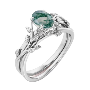 Anillo de Compromiso Personalizado con Grabado de Hoja y Enredadera, con Ágata de Musgo Ovalada de 1 Quilate y Moissanita en Oro Blanco - Product Image 6