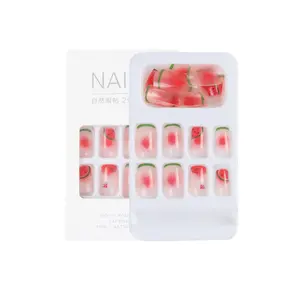 wholesale gradient pink french style False Nails Supplier For Girl Summer fruit Design With Watermelon Short square Fake Nails