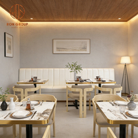 Ensemble de mobilier de café-restaurant minimaliste nordique : table carrée en pierre frittée, chaise en cuir et bois, banquette blanche
