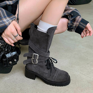 Bottes en cuir véritable de style britannique vintage pour femmes, nouvelle collection 2026, bottes western mi-mollet à talons hauts - Product Image 2