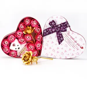 กล่องของขวัญ24K Gold Rose พร้อมตุ๊กตาหมี,ดอกไม้สบู่ตกแต่งด้วยฟอยล์สีทองปลอมชุบทอง16ชิ้นสำหรับวันแม่วาเลนไทน์