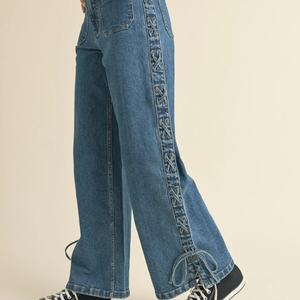 กางเกงยีนส์เอวสูงทรงขากว้าง ทรงสวย สีพื้น สไตล์สตรีทแวร์ ผ้าฝ้ายเดนิม สำหรับผู้หญิง - Product Image 3