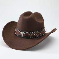 Chapeau Fedora en feutre doux unisexe personnalisé avec logo, style Outback, pour hommes et femmes, à large bord, style western, avec boucle en métal tête de taureau