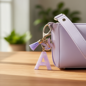 Porte-clés mousqueton en métal Hr Fashion, papillon à franges violettes, initiale A, en alliage de zinc, pour sac à main, sac à dos, sac à bandoulière - Product Image 2