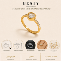 Wholesale Trendy Wedding 18K PVD Gold Stainless Steel Zircon Heart Ring Waterproof Hypoallergenic High Polish Daily Wear Unisex