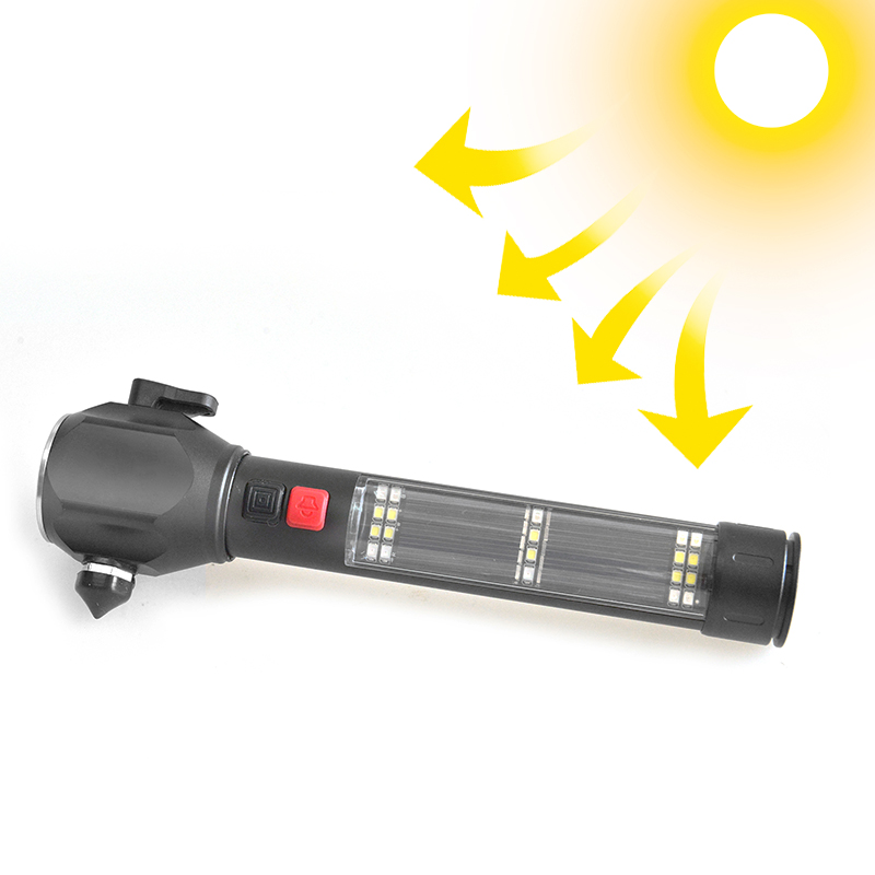 FL017 Solar Power LED Flashlight torch with safety hammer