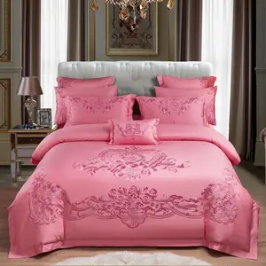 Luxury red bride quilt cover 100%cotton king size pink flower embroidery pillow cover wedding home textile bedding sets supplier