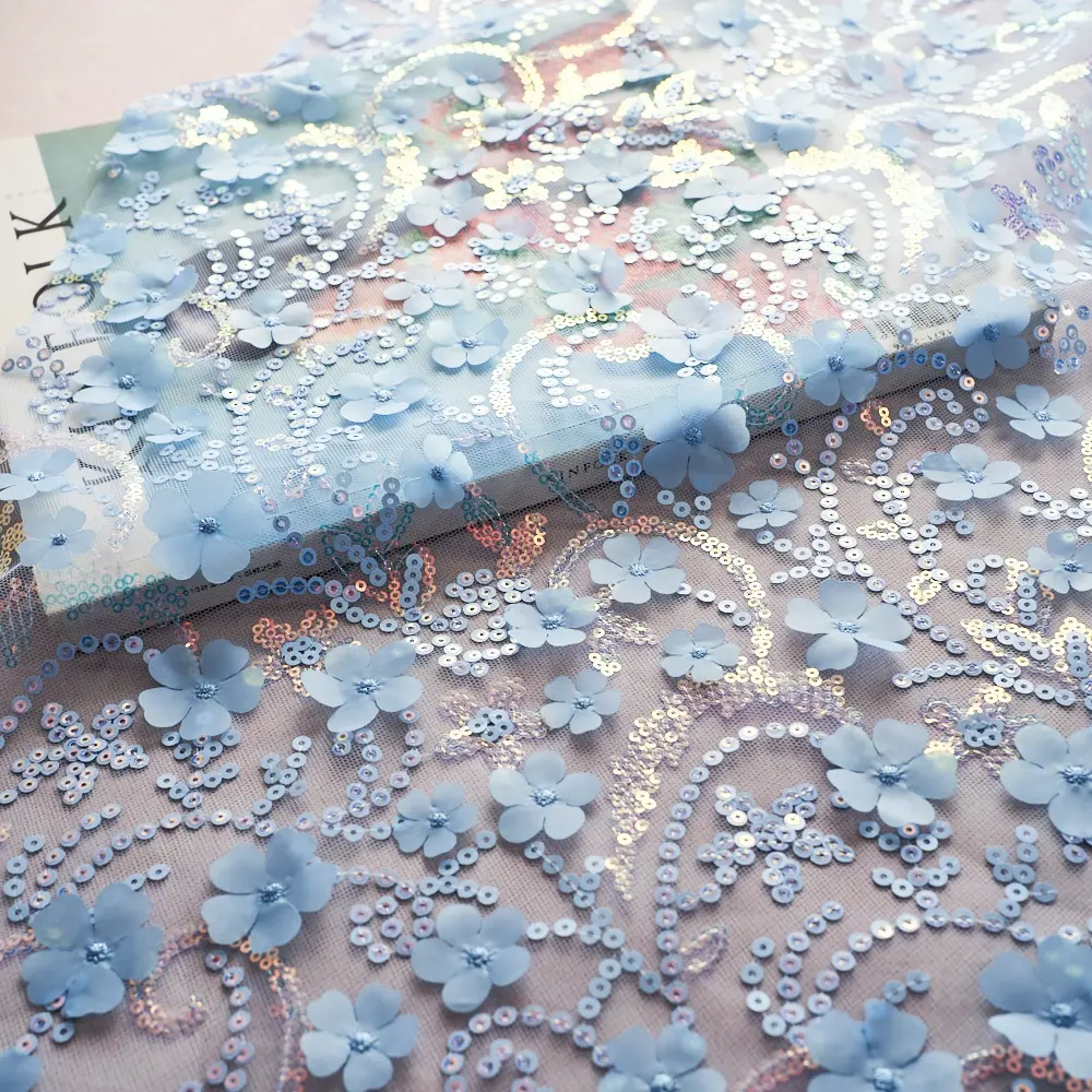 אופנה חמה למכור 4mm 3D כחול צבע Sparkle נצנצים טול נטו רשת רקמת תחרה פרח בד לחתונה Dess
