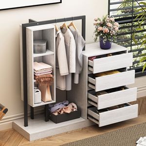 DB Modern <b>White</b> Freestanding Portable Wardrobe with 4 Drawers and 3 <b>Shelves</b> Flat Pack Wooden Plastic Design - Product Image 2