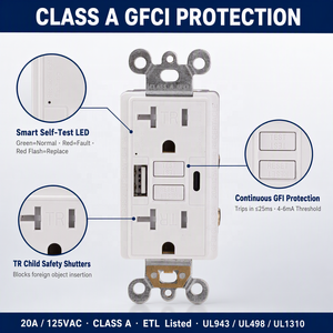 Prise GFCI BAREP 20A avec ports <span class=keywords><strong>USB</strong></span> Type A et C 5V 4.8A, auto-test, anti-effraction, homologuée ETL pour cuisine et buanderie - Product Image 2