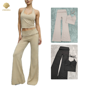 Ensemble de vêtements de <span class=keywords><strong>sport</strong></span> pour femmes, <span class=keywords><strong>2</strong></span> pièces, tenue de <span class=keywords><strong>sport</strong></span>, haut court à col halter, leggings évasés - Product Image 2