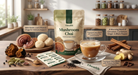 Chai aux champignons avec 6 champignons adaptogènes pour une meilleure énergie, concentration, digestion, immunité : Crinière de lion, Queue de dinde, Shiitake, Reishi