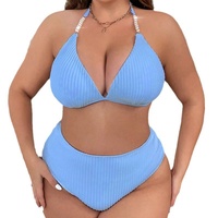Bikini Viral Femme en Polyester Noir Blanc Bleu Taille Haute Halter Rembourré Grandes Tailles XL 4XL pour les Best-sellers des Réseaux Sociaux