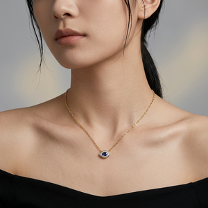 High Quality Luxury Fine Jewelry 18K Solid Yellow Gold Sapphire Eye Pendant With Round Diamond Halo For Women's Everyday Wear - Product Image 5
