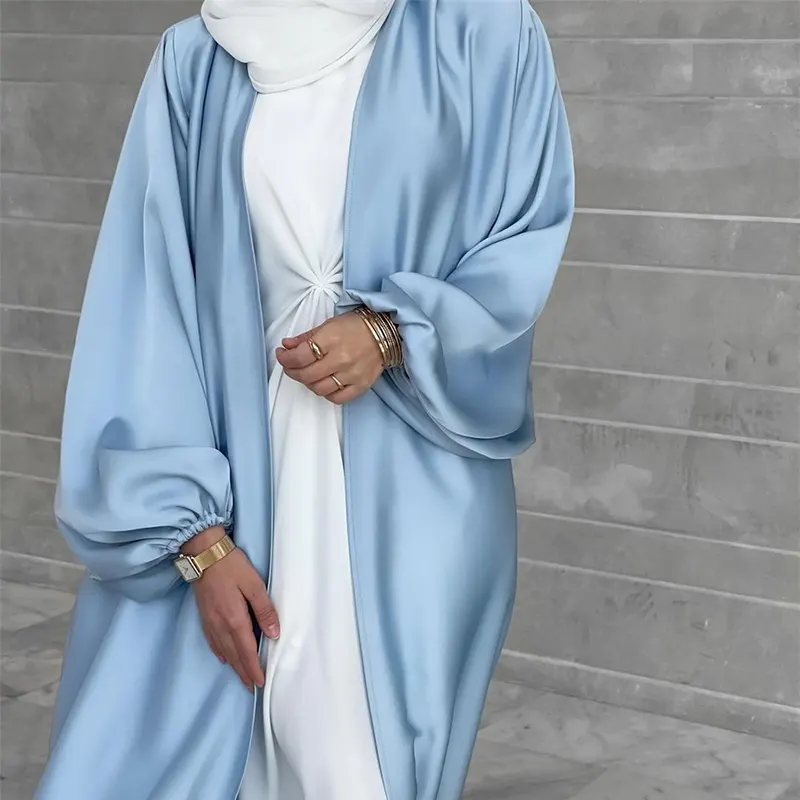 कार्डिगन ओपन साटन Abaya मुस्लिम ईद रमजान मामूली फैशन किमोनो इस्लामी कपड़े लंबे कश आस्तीन नि: शुल्क बेल्ट के साथ जेब Abaya